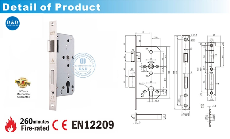 Euro Fire Rated Stainless Steel 304 Outside Mortise Handle Lock Metal Sash Lock Deadbolt High Security Internal Commercial Cylinder Door Lock Mortice Front Lock